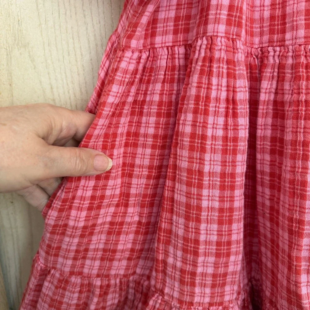 Old Navy Girls SS Tiered Swing Dress Size Plus XL 14-16 Pink Plaid Cottage Boho